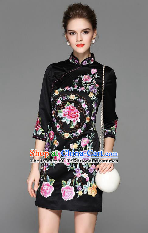 Top Grade Asian Chinese Costumes Classical Embroidery Peony Silk Black Cheongsam, Traditional China National Plated Buttons Chirpaur Dress Qipao for Women
