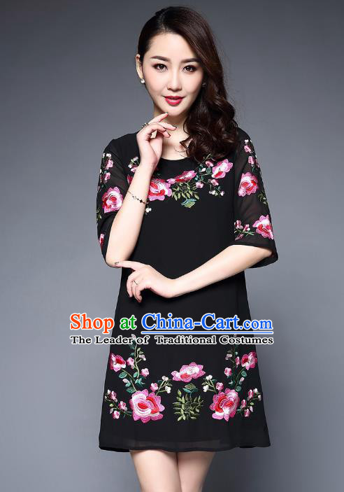 Asian Chinese Oriental Costumes Classical Embroidery Peony Chiffon Dress, Traditional China National Tang Suit Black Dress Qipao for Women
