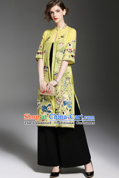 Asian Chinese Oriental Costumes Classical Embroidery Yellow Cardigan, Traditional China National Tang Suit Upper Outer Garment Overcoat for Women