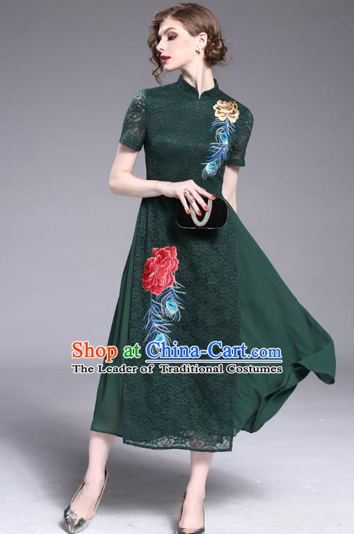 Asian Chinese Oriental Costumes Classical Embroidery Green Lace Cheongsam, Traditional China National Tang Suit Stand Collar Qipao Dress for Women