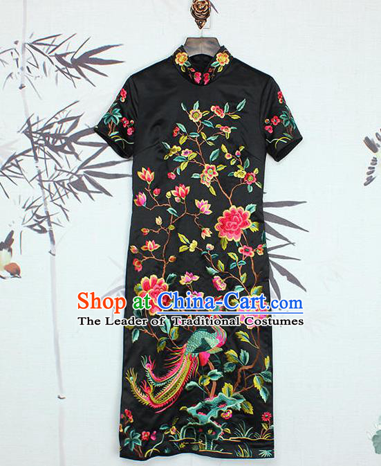 Asian Chinese Oriental Costumes Classical Embroidery Phoenix Peony Cheongsam, Traditional China National Tang Suit Stand Collar Black Qipao Dress for Women