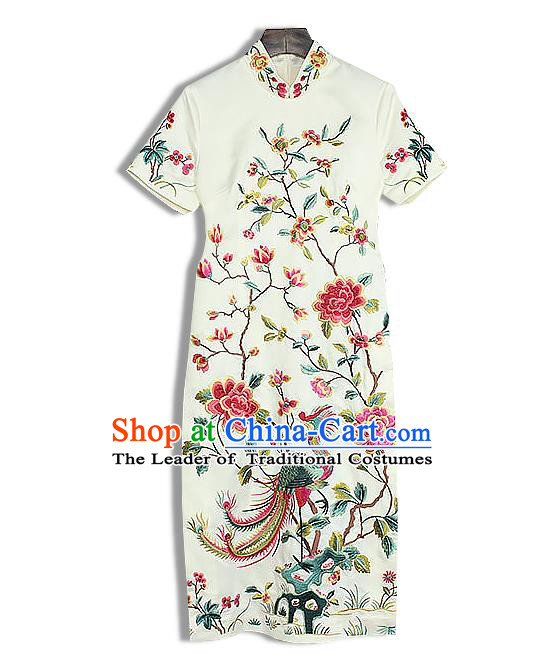 Asian Chinese Oriental Costumes Classical Embroidery Phoenix Peony Cheongsam, Traditional China National Tang Suit Stand Collar White Qipao Dress for Women
