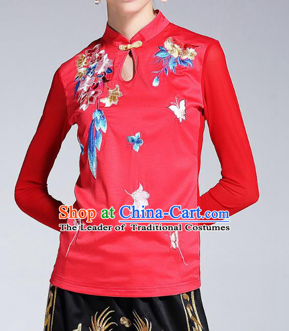 Asian Chinese Oriental Red Cheongsam Blouse Costumes, Traditional China National Embroidery Chirpaur Upper Outer Garment for Women