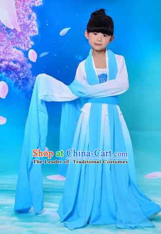 Traditional Asian Oriental Water Sleeve Costumes, China Tang Dynasty Hanfu Princess Fairy Blue Dress for Kids
