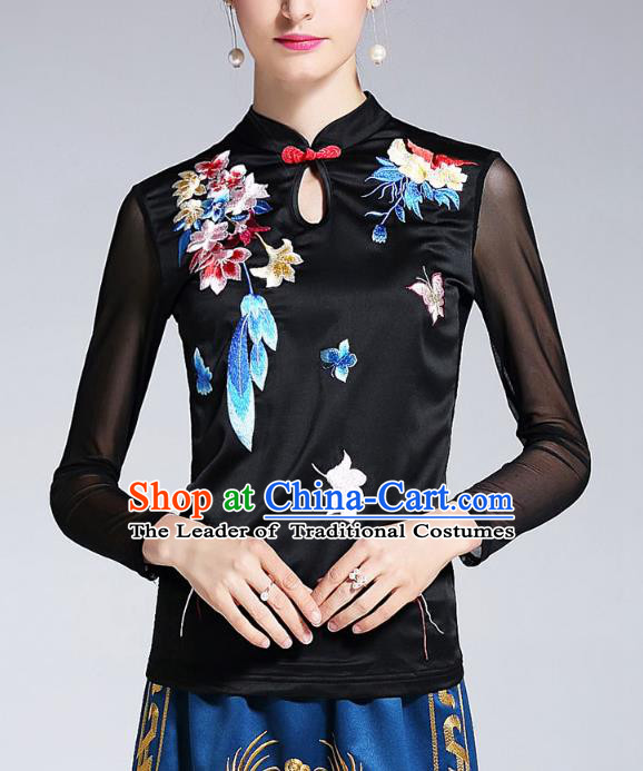 Asian Chinese Oriental Costumes Black Cheongsam Blouse, Traditional China National Embroidery Chirpaur Upper Outer Garment for Women