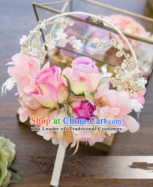 Traditional Asian Oriental Chinese Palace Lady Princess Wedding Round Fans, Bride Pink Flowers Circular Fan for Women