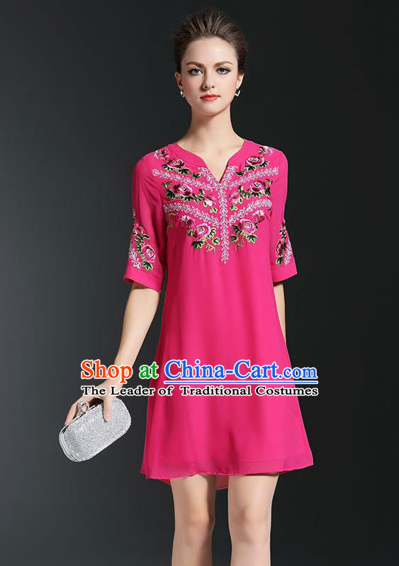 Asian Chinese Oriental Costumes Classical Embroidery Rosy Chiffon Short Dress, Traditional China National Tang Suit Qipao Dress for Women