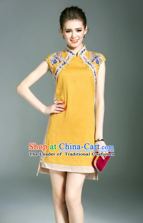 Asian Chinese Oriental Costumes Classical Double-Breasted Embroidery Yellow Cheongsam, Traditional China National Chirpaur Tang Suit Qipao Dress for Women