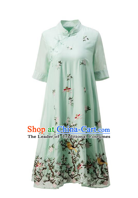 Asian Chinese Oriental Costumes Classical Slant Opening Embroidery Green Cheongsam, Traditional China National Chirpaur Tang Suit Plated Buttons Qipao Dress for Women