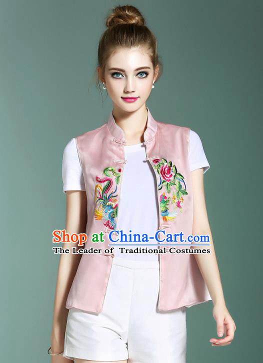 Asian Chinese Oriental Costumes Classical Palace Embroidery Pink Vest, Traditional China National Chirpaur Tang Suit Plated Buttons Waistcoat for Women
