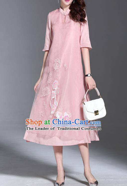 Asian Chinese Oriental Costumes Classical Palace Embroidery Pink Cheongsam, Traditional China National Chirpaur Tang Suit Plated Buttons Qipao for Women