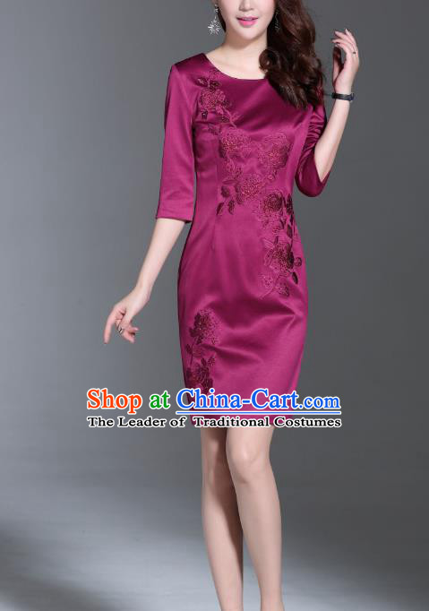 Asian Chinese Oriental Costumes Classical Embroidery Purple Middle Sleeve Dresses, Traditional China National Chirpaur Tang Suit Qipao for Women