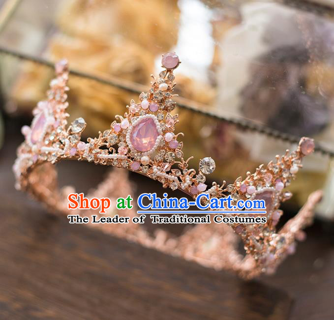 Top Grade Handmade Classical Hair Accessories Baroque Style Princess Pink Crystal Royal Crown Round Hair Clasp Headwear for Women