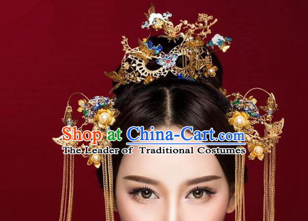 Aisan Chinese Handmade Classical Hair Accessories Blueing Phoenix Coronet Complete Set, China Xiuhe Suit Tassel Hairpins Wedding Headwear for Women