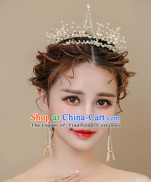 Top Grade Handmade Classical Hair Accessories Baroque Style Princess Crystal Tower Royal Crown Hair Clasp and Earrings Headwear for Women