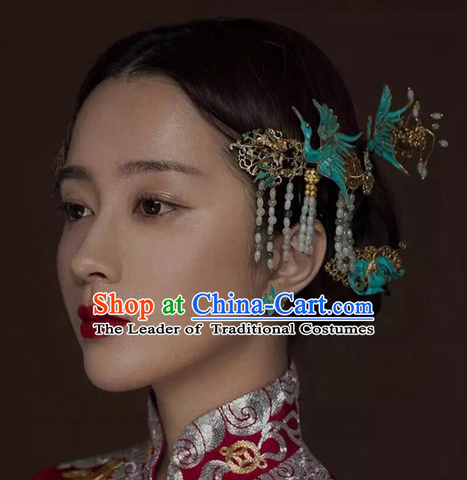 Aisan Chinese Handmade Classical Hair Accessories Hanfu Blueing Phoenix Step Shake, China Xiuhe Suit Tassel Hairpins Wedding Headwear for Women