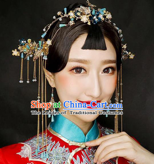Aisan Chinese Handmade Classical Hair Accessories Blue Beads Phoenix Coronet Complete Set, China Xiuhe Suit Hairpins Wedding Headwear for Women