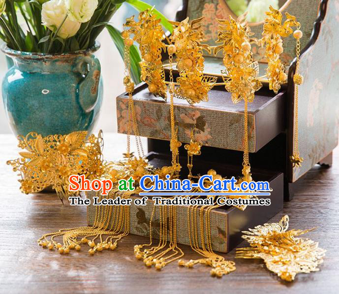 Aisan Chinese Handmade Classical Hair Accessories Golden Butterfly Phoenix Coronet Complete Set, China Xiuhe Suit Hairpins Wedding Headwear for Women
