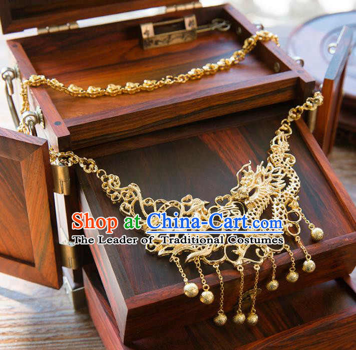 Aisan Chinese Handmade Classical Jewelry Accessories Golden Dragon and Phoenix Necklace, China Xiuhe Suit Golden Tassel Necklet for Women