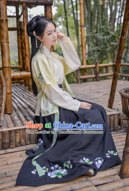 Traditional Asian Chinese Hanfu Costumes Song Dynasty Young Lady Embroidered Half-Sleeves Blouse and Black Slip Skirts Complete Set