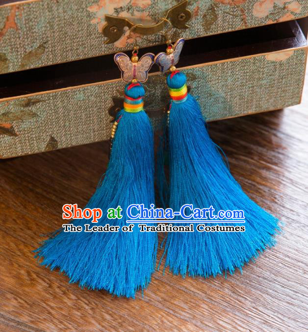 Chinese Handmade Classical Embroidery Butterfly Earrings, China Xiuhe Suit Wedding Light Blue Tassel Eardrop for Women