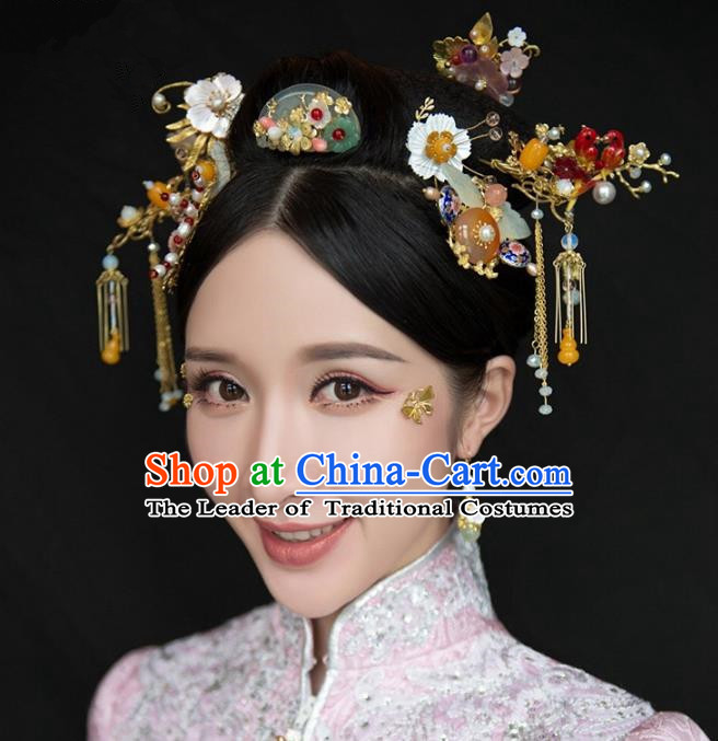 Chinese Handmade Classical Hair Accessories Jade Step Shake Complete Set, China Xiuhe Suit Tassel Hairpins Hair Comb Wedding Headwear for Women