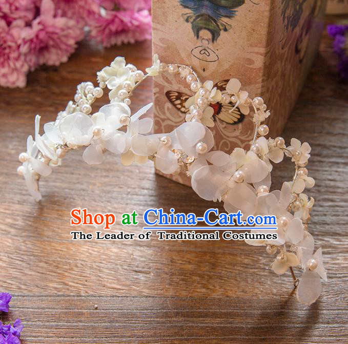 Top Grade Handmade Classical Hair Accessories White Flowers Royal Crown, Baroque Style Princess Pearls Headwear for Women