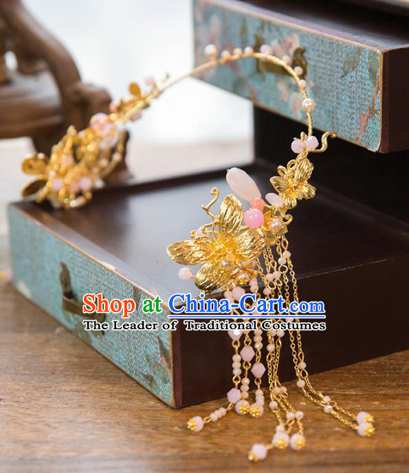 Aisan Chinese Handmade Classical Hair Accessories Pink Tassel Forehead Ornament, China Xiuhe Suit Hairpins Wedding Hair Clasp Headwear for Women