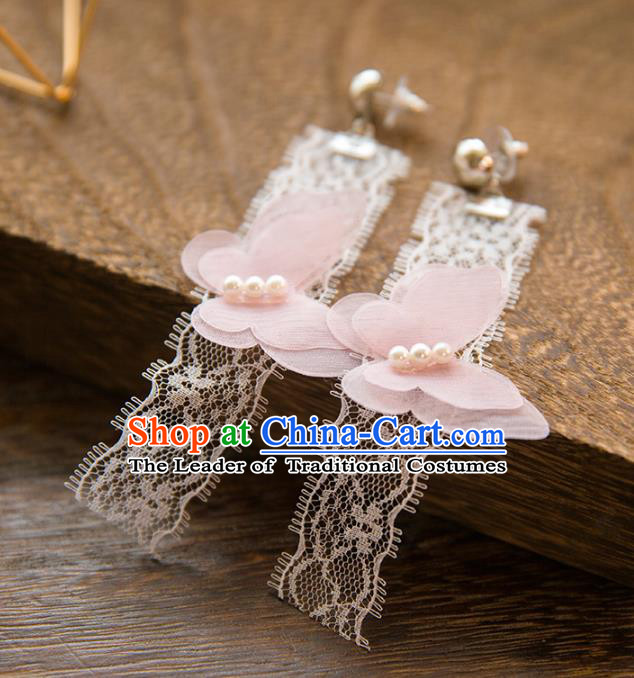 Top Grade Handmade Classical Hair Accessories Baroque Tassel Earrings, Princess Pink Lace Butterfly Eardrop for Women