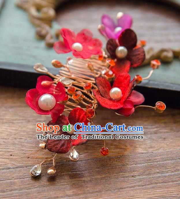 Aisan Chinese Handmade Classical Hair Accessories Hanfu Red Flowers Hair Comb, China Xiuhe Suit Wedding Headwear for Women