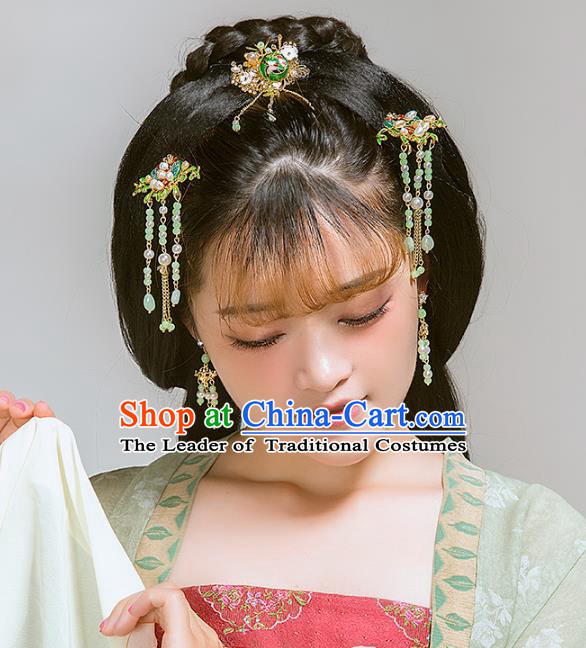 Aisan Chinese Handmade Classical Hair Accessories Hanfu Green Beads Tassel Step Shake, China Xiuhe Suit Hairpins Wedding Headwear Complete Set for Women