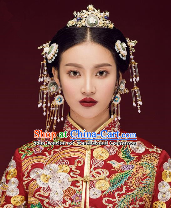 Chinese Handmade Classical Ancient Costume Hair Accessories Hanfu Green Jade Phoenix Coronet, China Bride Xiuhe Suit Hairpins Headwear Complete Set for Women