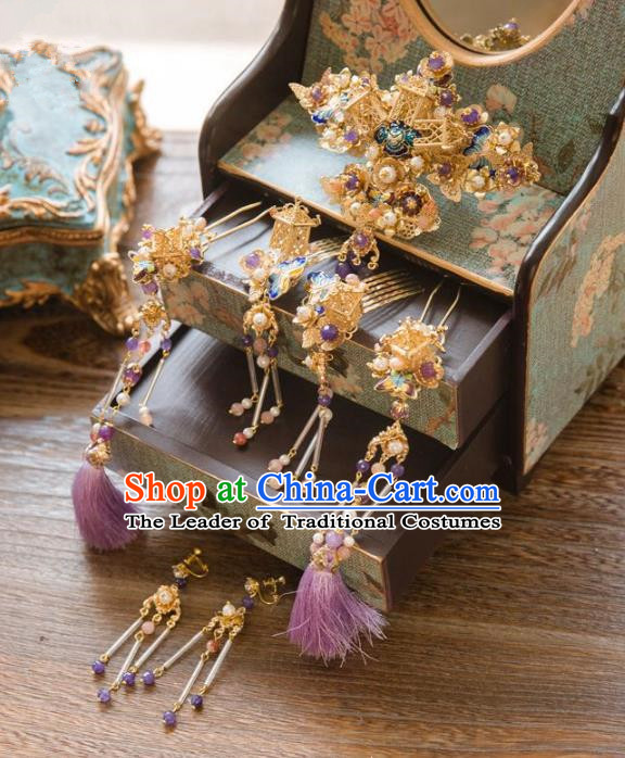 Chinese Handmade Classical Hair Accessories Bride Purple Hair Comb Complete Set, China Xiuhe Suit Hairpins Wedding Headwear for Women