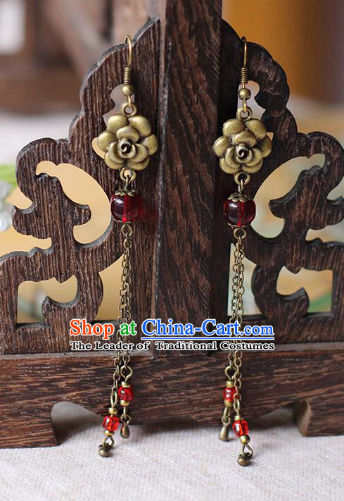 Chinese Handmade Classical Accessories Hanfu Earrings, China Xiuhe Suit Wedding Red Beads Rose Tassel Eardrop for Women