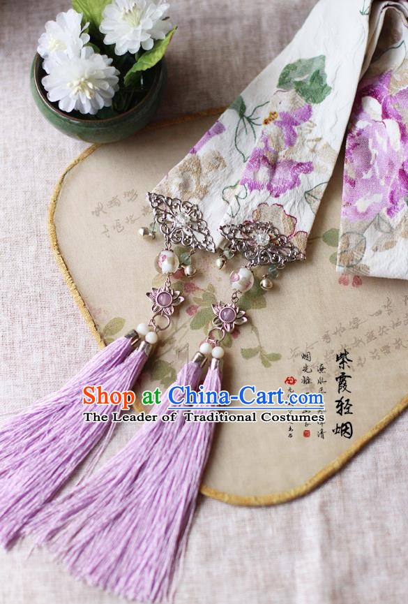 Chinese Handmade Classical Accessories Hanfu Silk Belt, China Ancient Hanfu Purple Tassel Bells Waistband for Women
