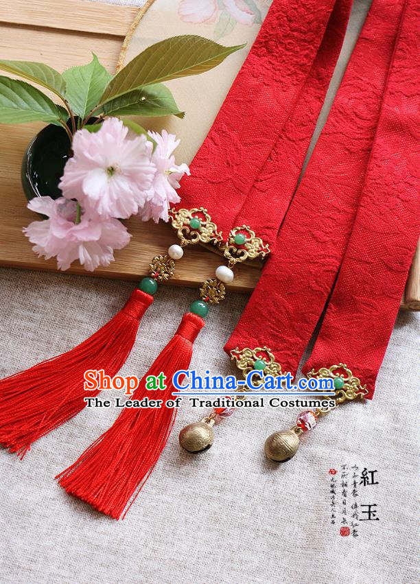 Chinese Handmade Classical Hair Accessories Hanfu Red Silk Headband, China Ancient Embroidery Bells Hair Clasp Headwear for Women for Men