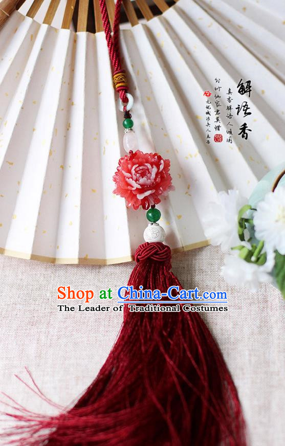 Chinese Handmade Classical Accessories Peony Red Tassel Palace Taeniasis, China Hanfu Waist Pendant Headwear for Women for Men