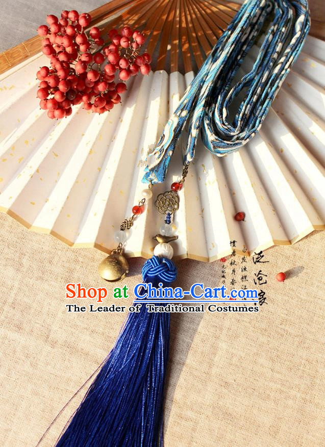 Chinese Handmade Classical Hair Accessories Hanfu Blue Silk Headband, China Ancient Embroidery Hair Clasp Headwear for Women for Men