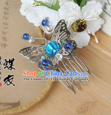 Chinese Handmade Classical Accessories Blue Bead Butterfly Hair Comb, China Xiuhe Suit Hair Stick for Women