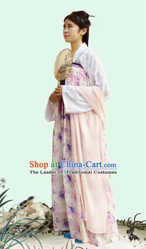 Traditional Oriental China Tang Dynasty Costume Ancient Young Lady Blouse and Printing Slip Skirt Complete Set for Women