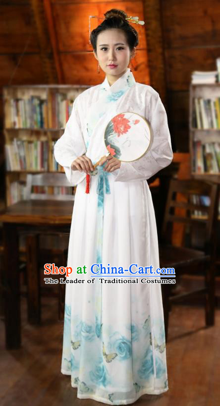 Traditional Chinese Han Dynasty Young Lady Costumes Ancient Princess Printing White Skirt for Women