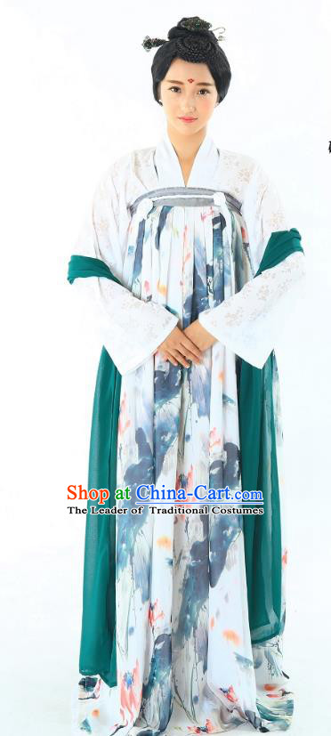 Traditional Chinese Hanfu Costumes Ancient Tang Dynasty Imperial Consort Blouse and Printing Lotus Slip Skirts Complete Set