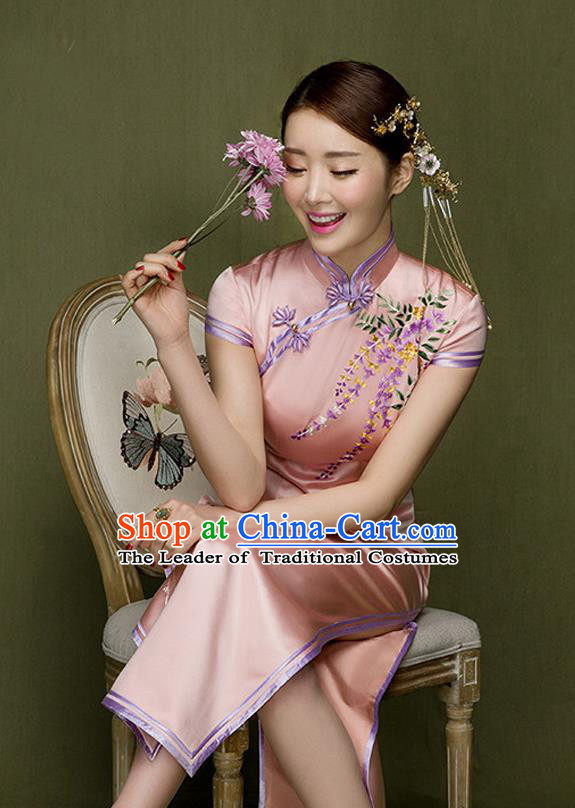 Traditional Ancient Chinese Republic of China Qipao Costume, Chinese Manchu Young Lady Embroidered Pink Cheongsam for Women