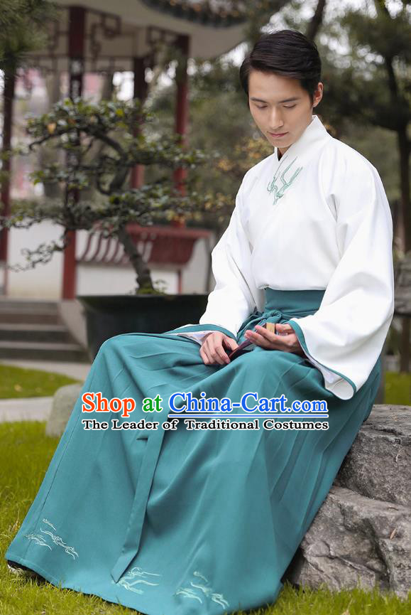 Traditional Chinese Hanfu Costumes Ancient Han Dynasty Young Men Embroidery Slant Opening Shirts and Green Skirts Complete Set
