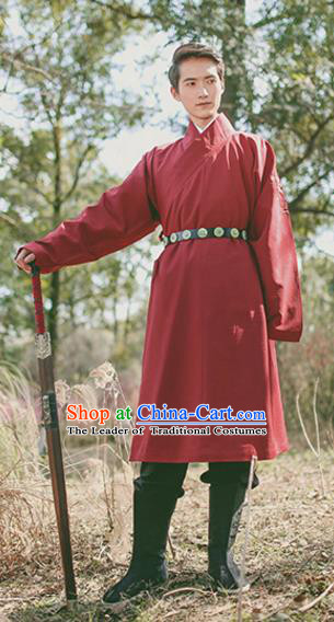 Traditional Chinese Ancient Hanfu Swordsman Costumes, Asian China Ming Dynasty Imperial Guards Embroidery Red Long Robe for Men