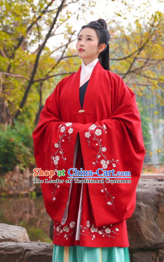 Traditional Chinese Ancient Hanfu Imperial Princess Costume, Asian China Ming Dynasty Palace Lady Embroidery Plum Blossom Red Cloak for Women
