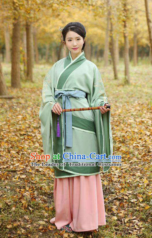 Traditional Chinese Ancient Young Lady Hanfu Costumes Green Curve Bottom, Asian China Han Dynasty Palace Princess Embroidery Clothing for Women