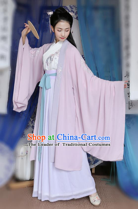 Traditional Chinese Ancient Hanfu Young Lady Costumes, Asian China Jin Dynasty Princess Embroidery Pink Cardigan Cloak Clothing for Women