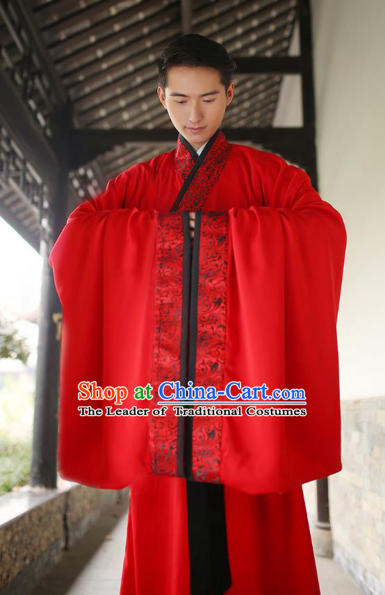Traditional Chinese Ancient Minister Hanfu Wedding Costumes, Asian China Han Dynasty Groom Embroidered Red Clothing for Men