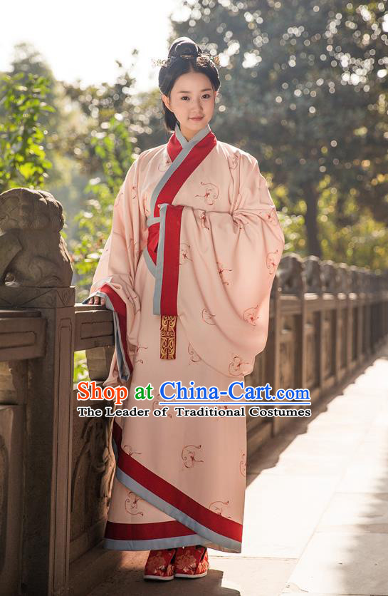 Traditional Chinese Ancient Royal Princess Hanfu Costume Pink Curve Bottom, Asian China Han Dynasty Palace Lady Embroidered Dress for Women